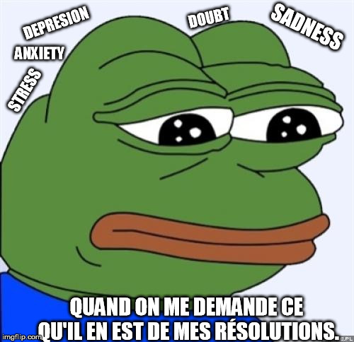 sad frog | DOUBT; SADNESS; DEPRESION; ANXIETY; STRESS; QUAND ON ME DEMANDE CE QU'IL EN EST DE MES RÉSOLUTIONS. | image tagged in sad frog | made w/ Imgflip meme maker