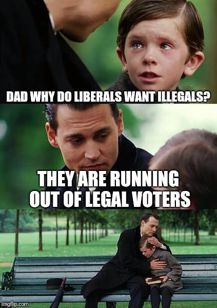 Finding Neverland | DAD WHY DO LIBERALS WANT ILLEGALS? THEY ARE RUNNING OUT OF LEGAL VOTERS | image tagged in memes,finding neverland | made w/ Imgflip meme maker