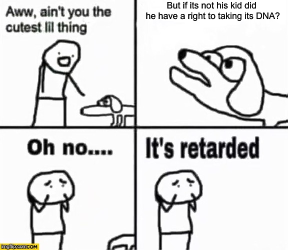 Oh no it's retarded! | But if its not his kid did he have a right to taking its DNA? | image tagged in oh no it's retarded | made w/ Imgflip meme maker