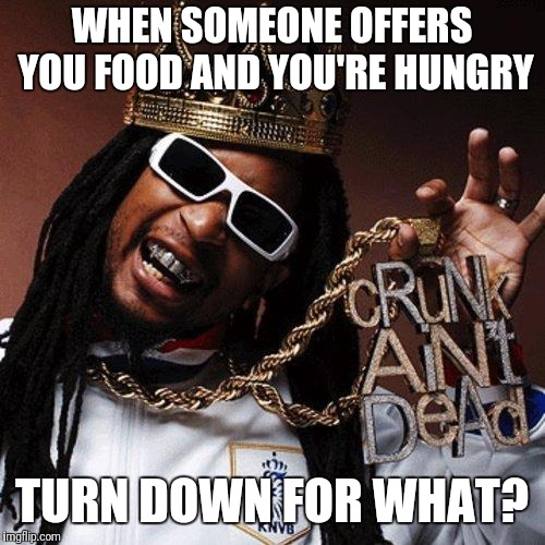 lil jon turn down for what | WHEN SOMEONE OFFERS YOU FOOD AND YOU'RE HUNGRY; TURN DOWN FOR WHAT? | image tagged in lil jon turn down for what | made w/ Imgflip meme maker
