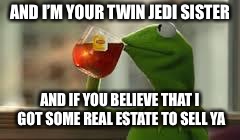kirmit the frog | AND I’M YOUR TWIN JEDI SISTER AND IF YOU BELIEVE THAT I GOT SOME REAL ESTATE TO SELL YA | image tagged in kirmit the frog | made w/ Imgflip meme maker