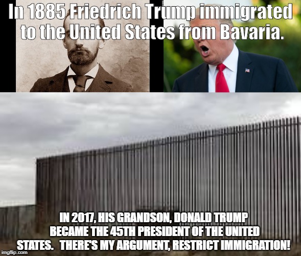 Immigration | In 1885 Friedrich Trump immigrated to the United States from Bavaria. IN 2017, HIS GRANDSON, DONALD TRUMP BECAME THE 45TH PRESIDENT OF THE UNITED STATES.


THERE'S MY ARGUMENT, RESTRICT IMMIGRATION! | image tagged in donald trump | made w/ Imgflip meme maker