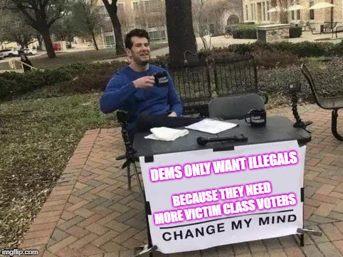 Change my Mind | DEMS ONLY WANT ILLEGALS; BECAUSE THEY NEED MORE VICTIM CLASS VOTERS | image tagged in change my mind | made w/ Imgflip meme maker
