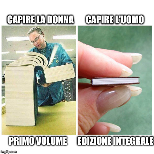 Big book vs Little Book | CAPIRE LA DONNA       CAPIRE L'UOMO; PRIMO VOLUME      EDIZIONE INTEGRALE | image tagged in big book vs little book | made w/ Imgflip meme maker