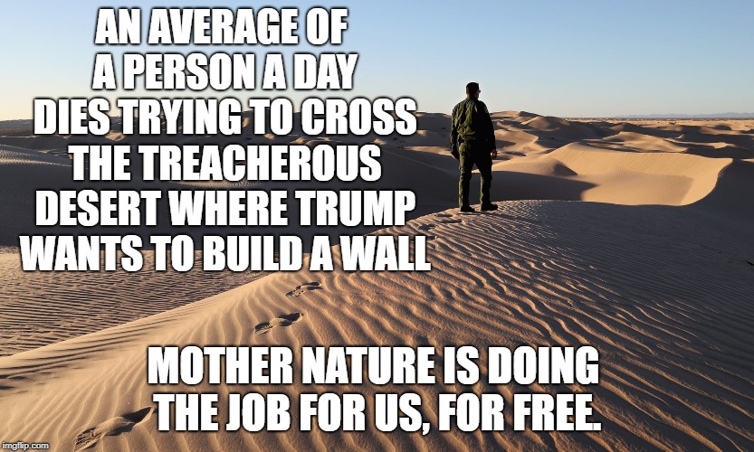 US-Mexico Border | AN AVERAGE OF A PERSON A DAY DIES TRYING TO CROSS THE TREACHEROUS DESERT WHERE TRUMP WANTS TO BUILD A WALL; MOTHER NATURE IS DOING THE JOB FOR US, FOR FREE. | image tagged in political meme | made w/ Imgflip meme maker