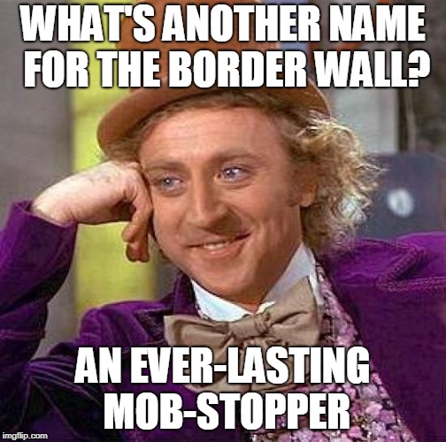 Creepy Condescending Wonka Meme | WHAT'S ANOTHER NAME FOR THE BORDER WALL? AN EVER-LASTING MOB-STOPPER | image tagged in memes,creepy condescending wonka | made w/ Imgflip meme maker