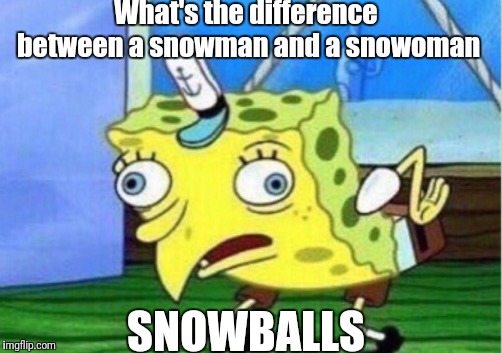 Mocking Spongebob Meme | What's the difference between a snowman and a snowoman; SNOWBALLS | image tagged in memes,mocking spongebob | made w/ Imgflip meme maker