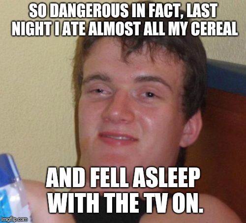 10 Guy Meme | SO DANGEROUS IN FACT, LAST NIGHT I ATE ALMOST ALL MY CEREAL AND FELL ASLEEP WITH THE TV ON. | image tagged in memes,10 guy | made w/ Imgflip meme maker