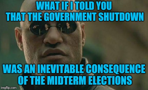 If it hadn't been the wall, it would have been something else | WHAT IF I TOLD YOU THAT THE GOVERNMENT SHUTDOWN; WAS AN INEVITABLE CONSEQUENCE OF THE MIDTERM ELECTIONS | image tagged in memes,matrix morpheus | made w/ Imgflip meme maker
