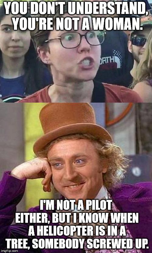 I love how when someone questions a really stupid statement, the response is always, "shut-up your not a (whatever)" | YOU DON'T UNDERSTAND, YOU'RE NOT A WOMAN. I'M NOT A PILOT EITHER, BUT I KNOW WHEN A HELICOPTER IS IN A TREE, SOMEBODY SCREWED UP. | image tagged in memes,creepy condescending wonka,triggered liberal | made w/ Imgflip meme maker