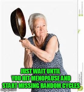 angry old woman | JUST WAIT UNTIL YOU HIT MENOPAUSE AND START MISSING RANDOM CYCLES | image tagged in angry old woman | made w/ Imgflip meme maker