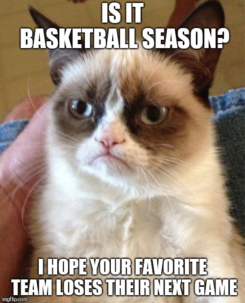 Grumpy Cat | IS IT BASKETBALL SEASON? I HOPE YOUR FAVORITE TEAM LOSES THEIR NEXT GAME | image tagged in memes,grumpy cat | made w/ Imgflip meme maker