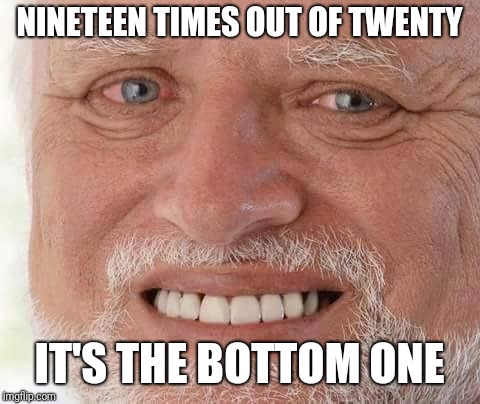 harold smiling | NINETEEN TIMES OUT OF TWENTY IT'S THE BOTTOM ONE | image tagged in harold smiling | made w/ Imgflip meme maker