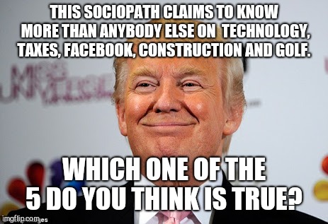 Google idiot, get trump  | THIS SOCIOPATH CLAIMS TO KNOW MORE THAN ANYBODY ELSE ON  TECHNOLOGY, TAXES, FACEBOOK, CONSTRUCTION AND GOLF. WHICH ONE OF THE 5 DO YOU THINK IS TRUE? | image tagged in memes,donald trump,idiot,scumbag | made w/ Imgflip meme maker