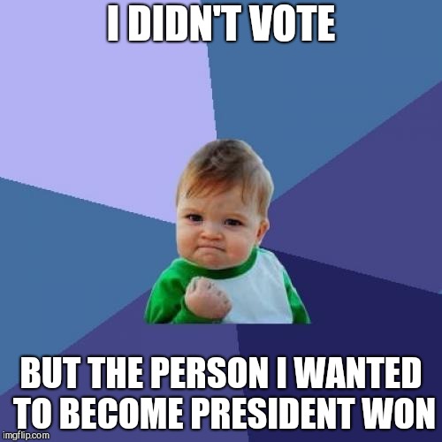 Success Kid | I DIDN'T VOTE; BUT THE PERSON I WANTED TO BECOME PRESIDENT WON | image tagged in memes,success kid | made w/ Imgflip meme maker