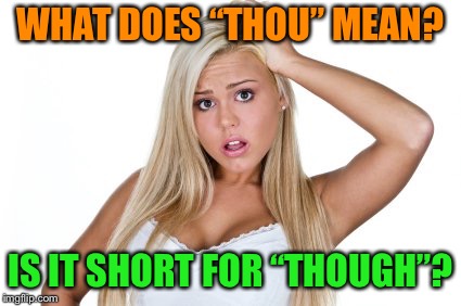 Dumb Blonde | WHAT DOES “THOU” MEAN? IS IT SHORT FOR “THOUGH”? | image tagged in dumb blonde | made w/ Imgflip meme maker