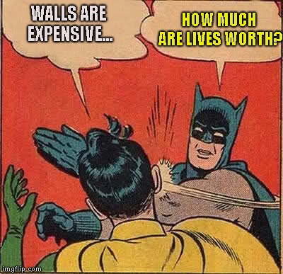 Batman Slapping Robin Meme | WALLS ARE EXPENSIVE... HOW MUCH ARE LIVES WORTH? | image tagged in memes,batman slapping robin | made w/ Imgflip meme maker