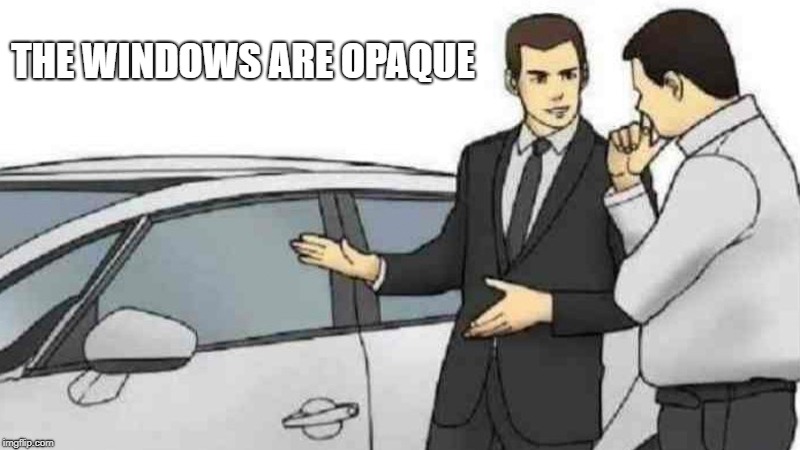 Car Salesman Slaps Roof Of Car Meme | THE WINDOWS ARE OPAQUE | image tagged in memes,car salesman slaps roof of car | made w/ Imgflip meme maker