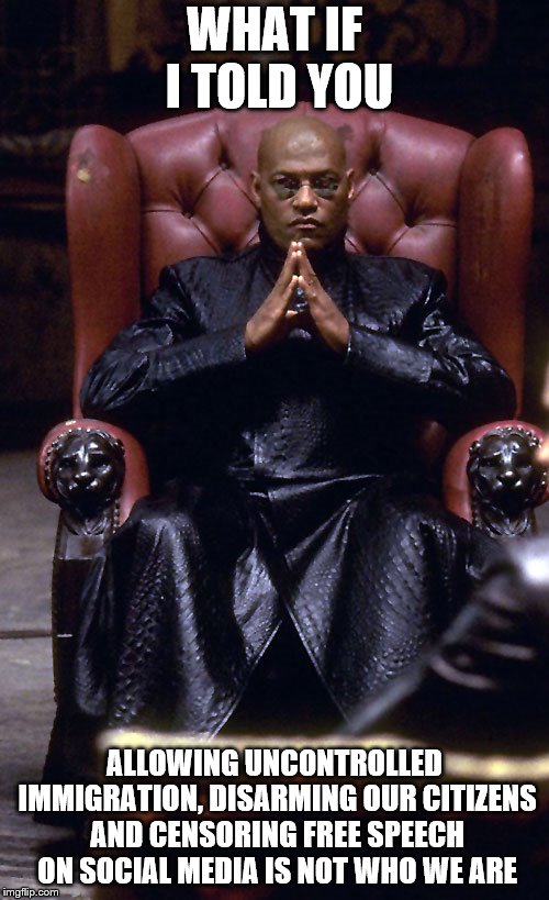 Morpheus Chair | WHAT IF I TOLD YOU; ALLOWING UNCONTROLLED IMMIGRATION, DISARMING OUR CITIZENS AND CENSORING FREE SPEECH ON SOCIAL MEDIA IS NOT WHO WE ARE | image tagged in morpheus chair | made w/ Imgflip meme maker