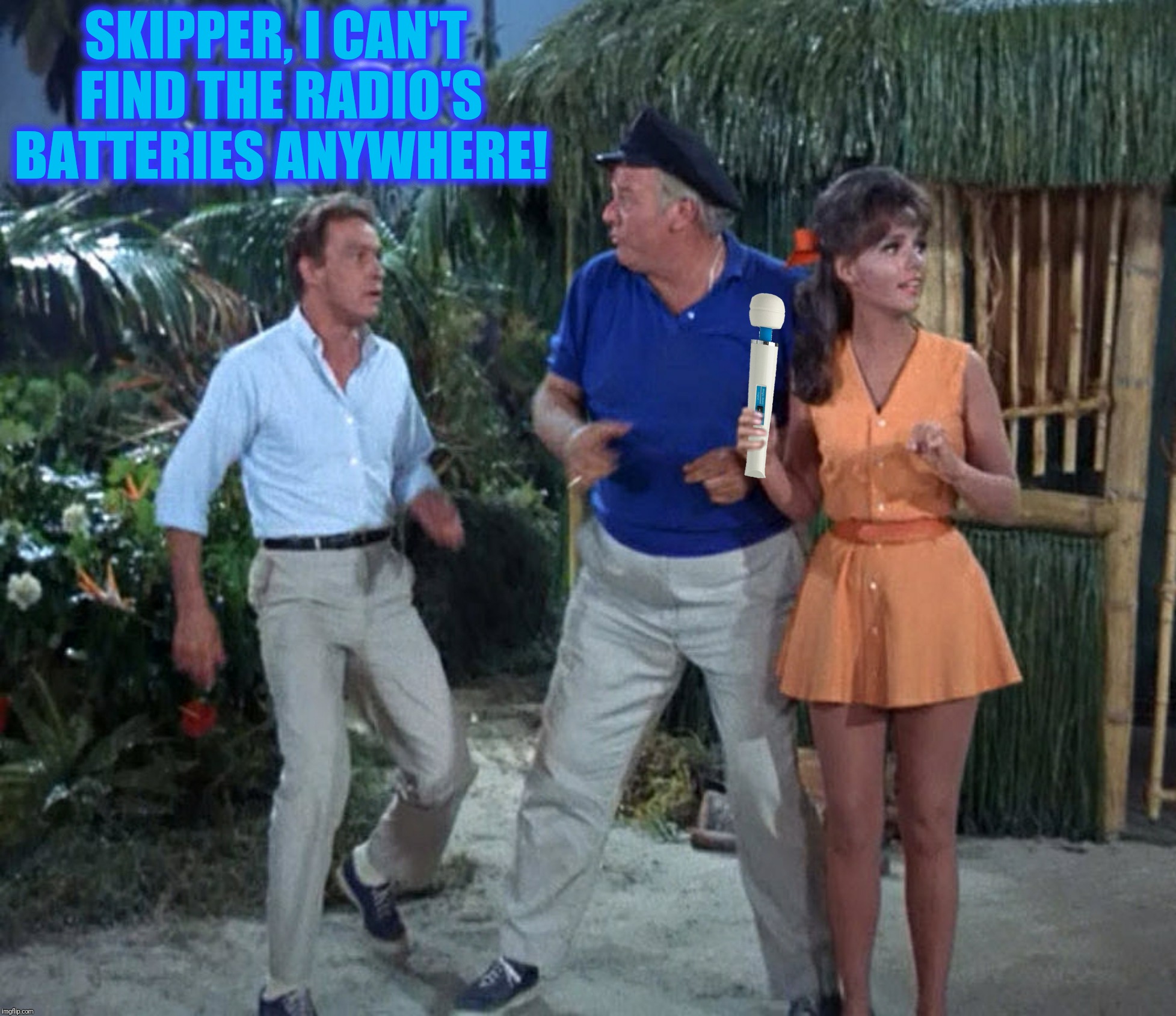 Bad Photoshop Sunday presents:  The real reason they weren't rescued  (Inspired by nsfink) | SKIPPER, I CAN'T FIND THE RADIO'S BATTERIES ANYWHERE! | image tagged in bad photoshop sunday,gilligan's island,professor,skipper,mary ann | made w/ Imgflip meme maker