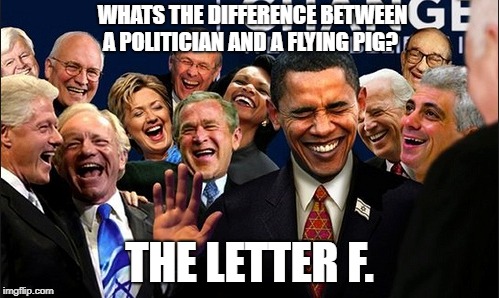 Politicians Laughing |  WHATS THE DIFFERENCE BETWEEN A POLITICIAN AND A FLYING PIG? THE LETTER F. | image tagged in politicians laughing | made w/ Imgflip meme maker