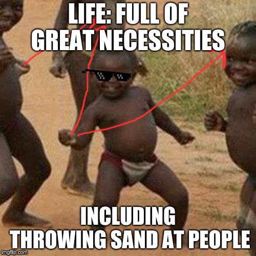 Third World Success Kid Meme | LIFE: FULL OF GREAT NECESSITIES; INCLUDING THROWING SAND AT PEOPLE | image tagged in memes,third world success kid | made w/ Imgflip meme maker