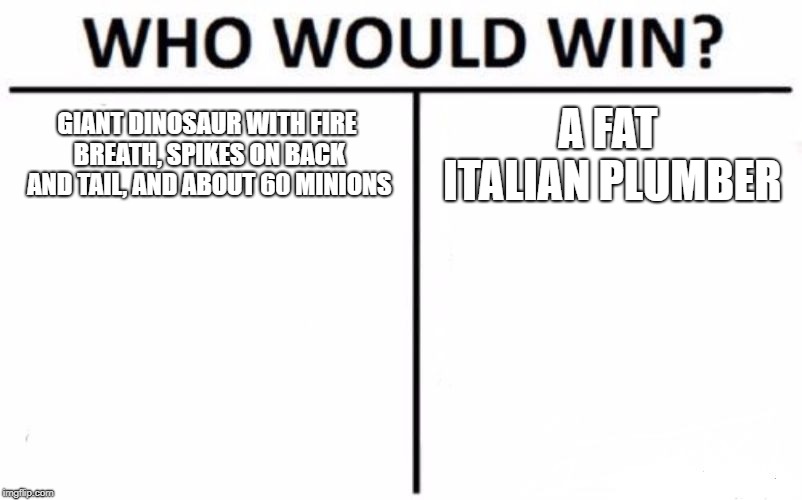 Who Would Win? Meme | GIANT DINOSAUR WITH FIRE BREATH, SPIKES ON BACK AND TAIL, AND ABOUT 60 MINIONS; A FAT ITALIAN PLUMBER | image tagged in memes,who would win | made w/ Imgflip meme maker