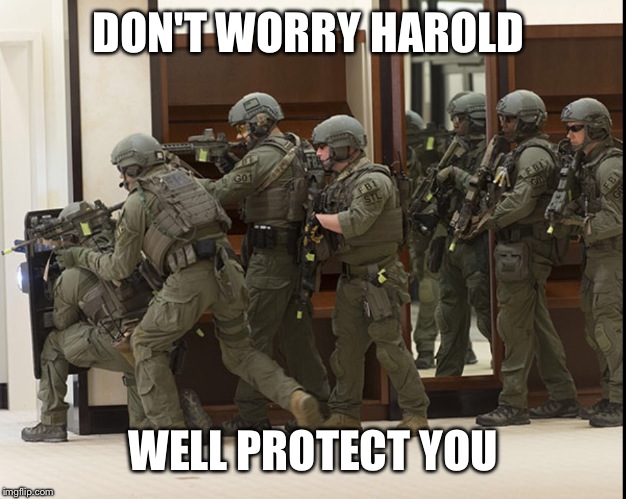 FBI SWAT | DON'T WORRY HAROLD WELL PROTECT YOU | image tagged in fbi swat | made w/ Imgflip meme maker