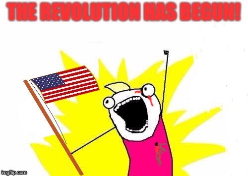 Bombs away! | THE REVOLUTION HAS BEGUN! | image tagged in x all the y with usa flag | made w/ Imgflip meme maker