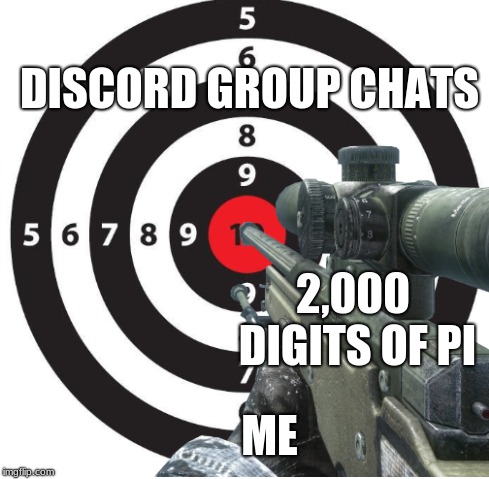 2,000 Digits of Pi | DISCORD GROUP CHATS; 2,000 DIGITS OF PI; ME | image tagged in shooting target,funny memes,memes,other,dank memes | made w/ Imgflip meme maker