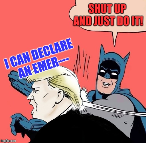 Batman slaps Trump |  SHUT UP AND JUST DO IT! I CAN DECLARE AN EMER--- | image tagged in batman slaps trump | made w/ Imgflip meme maker