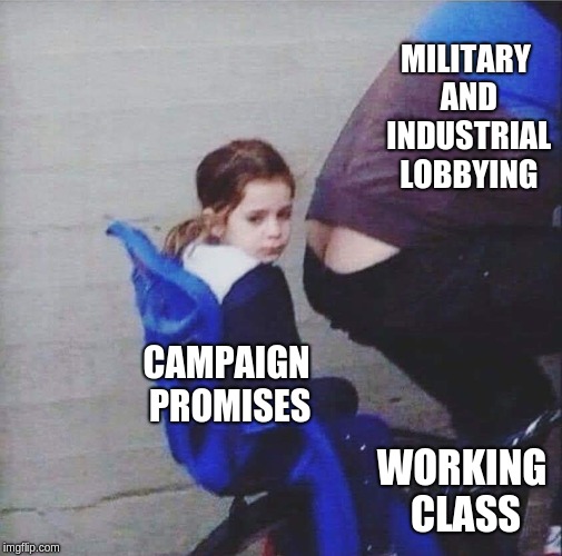 bicycle girl | MILITARY AND INDUSTRIAL LOBBYING; CAMPAIGN PROMISES; WORKING CLASS | image tagged in bicycle girl | made w/ Imgflip meme maker