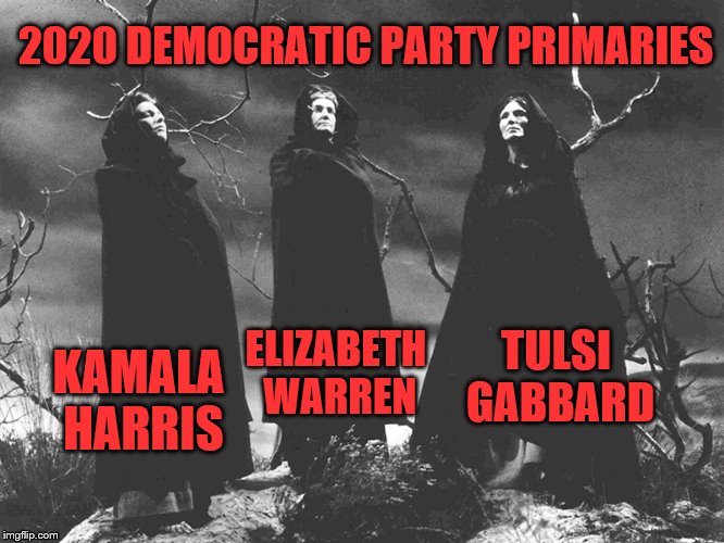 Why do all the nominees look like they should be around a cauldron, and sound like they're at a Politburo meeting? | 2020 DEMOCRATIC PARTY PRIMARIES; TULSI GABBARD; ELIZABETH WARREN; KAMALA HARRIS | image tagged in election 2020,democrats,witches,candidates,primaries | made w/ Imgflip meme maker