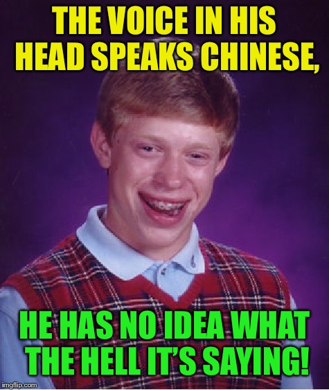 Bad Luck Brian Meme |  THE VOICE IN HIS HEAD SPEAKS CHINESE, HE HAS NO IDEA WHAT THE HELL IT’S SAYING! | image tagged in memes,bad luck brian | made w/ Imgflip meme maker