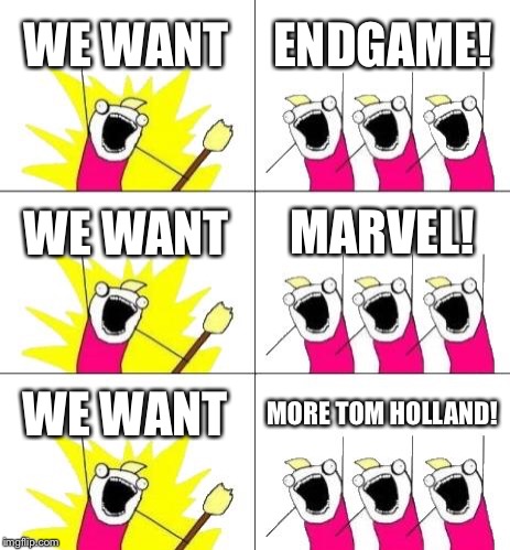 What Do We Want 3 Meme | WE WANT; ENDGAME! WE WANT; MARVEL! WE WANT; MORE TOM HOLLAND! | image tagged in memes,what do we want 3 | made w/ Imgflip meme maker
