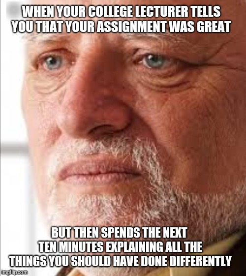 nothings ever good enough | WHEN YOUR COLLEGE LECTURER TELLS YOU THAT YOUR ASSIGNMENT WAS GREAT; BUT THEN SPENDS THE NEXT TEN MINUTES EXPLAINING ALL THE THINGS YOU SHOULD HAVE DONE DIFFERENTLY | image tagged in hide the pain harold,college times | made w/ Imgflip meme maker