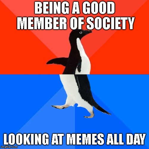 Socially Awesome Awkward Penguin Meme | BEING A GOOD MEMBER OF SOCIETY; LOOKING AT MEMES ALL DAY | image tagged in memes,socially awesome awkward penguin | made w/ Imgflip meme maker