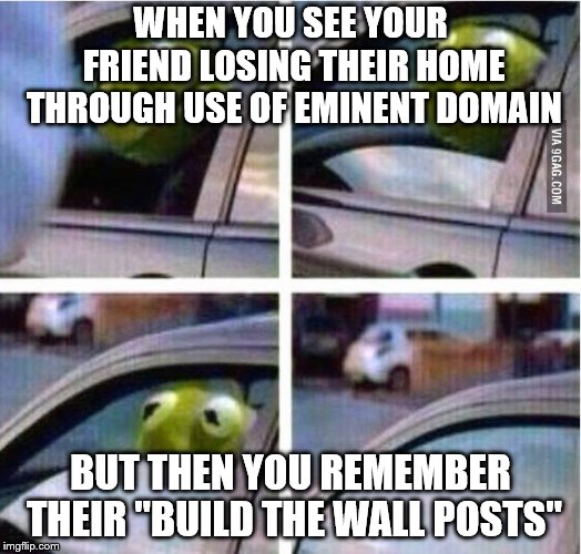 kermit driving | WHEN YOU SEE YOUR FRIEND LOSING THEIR HOME THROUGH USE OF EMINENT DOMAIN; BUT THEN YOU REMEMBER THEIR "BUILD THE WALL POSTS" | image tagged in kermit driving | made w/ Imgflip meme maker