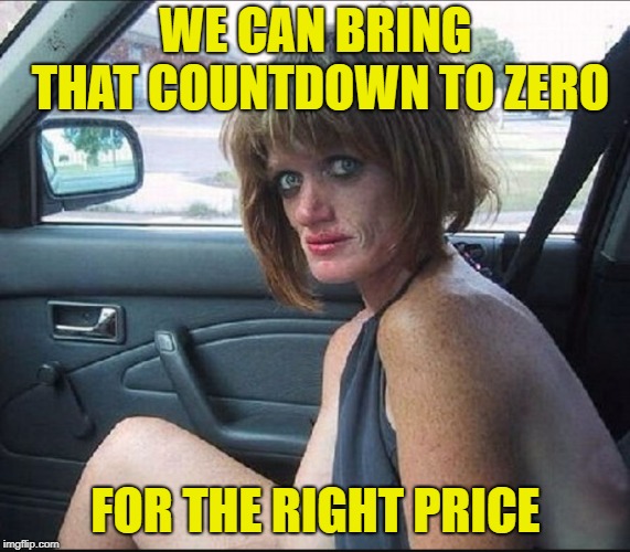 crack whore hooker | WE CAN BRING THAT COUNTDOWN TO ZERO FOR THE RIGHT PRICE | image tagged in crack whore hooker | made w/ Imgflip meme maker