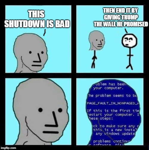 NPC ERROR |  THEN END IT BY GIVING TRUMP THE WALL HE PROMISED; THIS SHUTDOWN IS BAD | image tagged in npc error | made w/ Imgflip meme maker