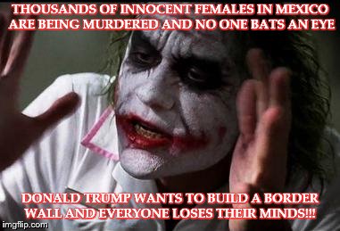 Everyone loses their minds | THOUSANDS OF INNOCENT FEMALES IN MEXICO ARE BEING MURDERED AND NO ONE BATS AN EYE; DONALD TRUMP WANTS TO BUILD A BORDER WALL AND EVERYONE LOSES THEIR MINDS!!! | image tagged in everyone loses their minds | made w/ Imgflip meme maker
