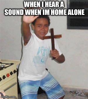 Scared Kid | WHEN I HEAR A SOUND WHEN IM HOME ALONE | image tagged in scared kid | made w/ Imgflip meme maker