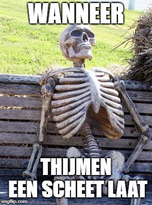 Waiting Skeleton Meme | WANNEER; THIJMEN EEN SCHEET LAAT | image tagged in memes,waiting skeleton | made w/ Imgflip meme maker