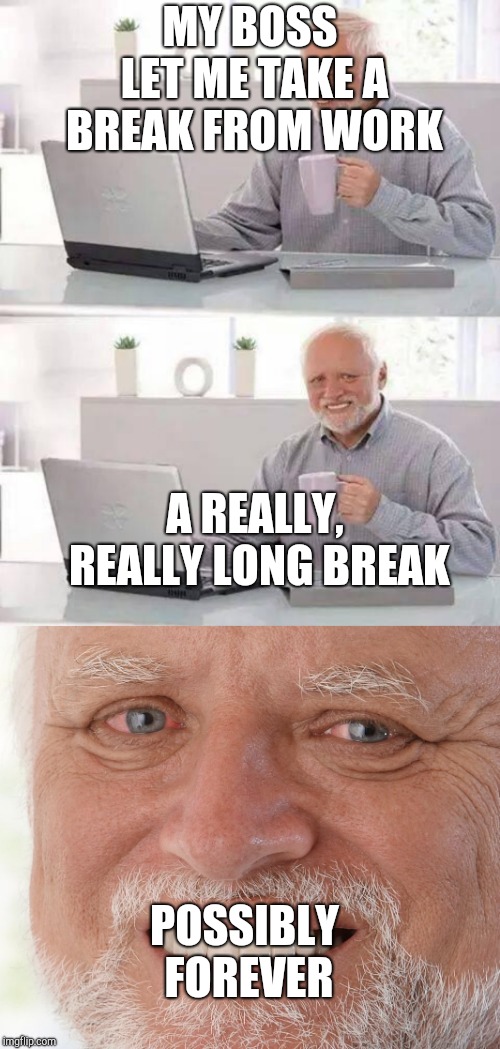MY BOSS LET ME TAKE A BREAK FROM WORK; A REALLY, REALLY LONG BREAK; POSSIBLY FOREVER | image tagged in memes,hide the pain harold | made w/ Imgflip meme maker