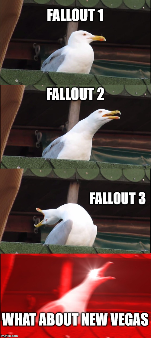 Inhaling Seagull | FALLOUT 1; FALLOUT 2; FALLOUT 3; WHAT ABOUT NEW VEGAS | image tagged in memes,inhaling seagull | made w/ Imgflip meme maker
