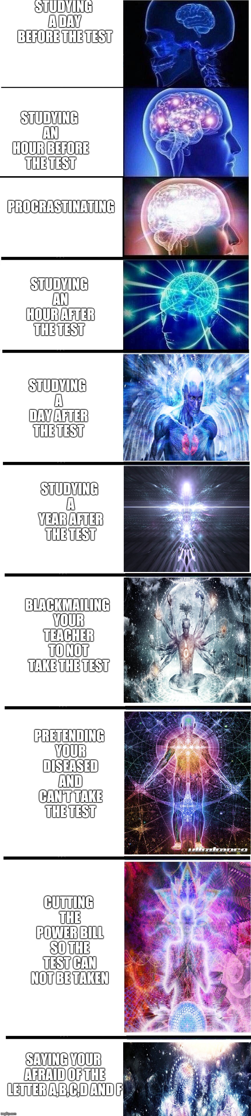 Expanding Brain (expanded) | STUDYING A DAY BEFORE THE TEST STUDYING AN HOUR BEFORE THE TEST PROCRASTINATING STUDYING AN HOUR AFTER THE TEST STUDYING A DAY AFTER THE TES | image tagged in expanding brain expanded | made w/ Imgflip meme maker