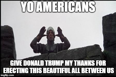 French Taunting in Monty Python's Holy Grail | YO AMERICANS; GIVE DONALD TRUMP MY THANKS FOR ERECTING THIS BEAUTIFUL ALL BETWEEN US | image tagged in french taunting in monty python's holy grail | made w/ Imgflip meme maker