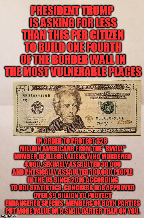 More valuable than an American Citizen | PRESIDENT TRUMP IS ASKING FOR LESS THAN THIS PER CITIZEN TO BUILD ONE FOURTH OF THE BORDER WALL IN THE MOST VULNERABLE PLACES; IN ORDER TO PROTECT 326 MILLION AMERICANS FROM THE "SMALL" NUMBER OF ILLEGAL ALIENS WHO MURDERED 4,000, SEXUALLY ASSAULTED 30,000 AND PHYSICALLY ASSAULTED 100,000 PEOPLE IN THE US SINCE 2016 ACCORDING TO DOJ STATISTICS. CONGRESS HAS APPROVED OVER $9 BILLION TO PROTECT ENDANGERED SPECIES. MEMBERS OF BOTH PARTIES PUT MORE VALUE ON A SNAIL DARTER THAN ON YOU. | image tagged in government shutdown,dishonest politicians | made w/ Imgflip meme maker
