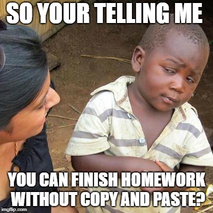 Third World Skeptical Kid | SO YOUR TELLING ME; YOU CAN FINISH HOMEWORK WITHOUT COPY AND PASTE? | image tagged in memes,third world skeptical kid | made w/ Imgflip meme maker