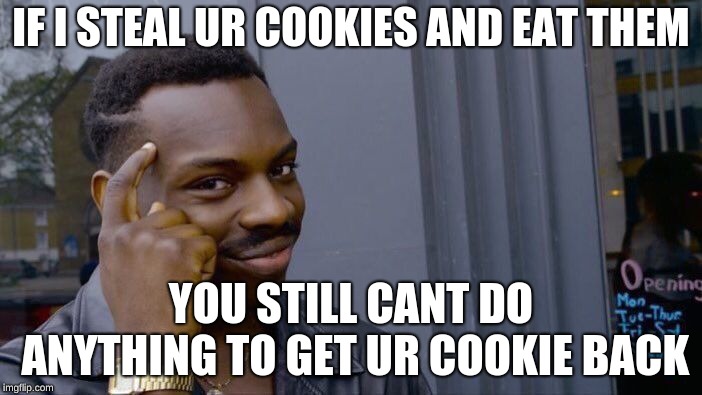 Roll Safe Think About It Meme | IF I STEAL UR COOKIES AND EAT THEM; YOU STILL CANT DO ANYTHING TO GET UR COOKIE BACK | image tagged in memes,roll safe think about it | made w/ Imgflip meme maker